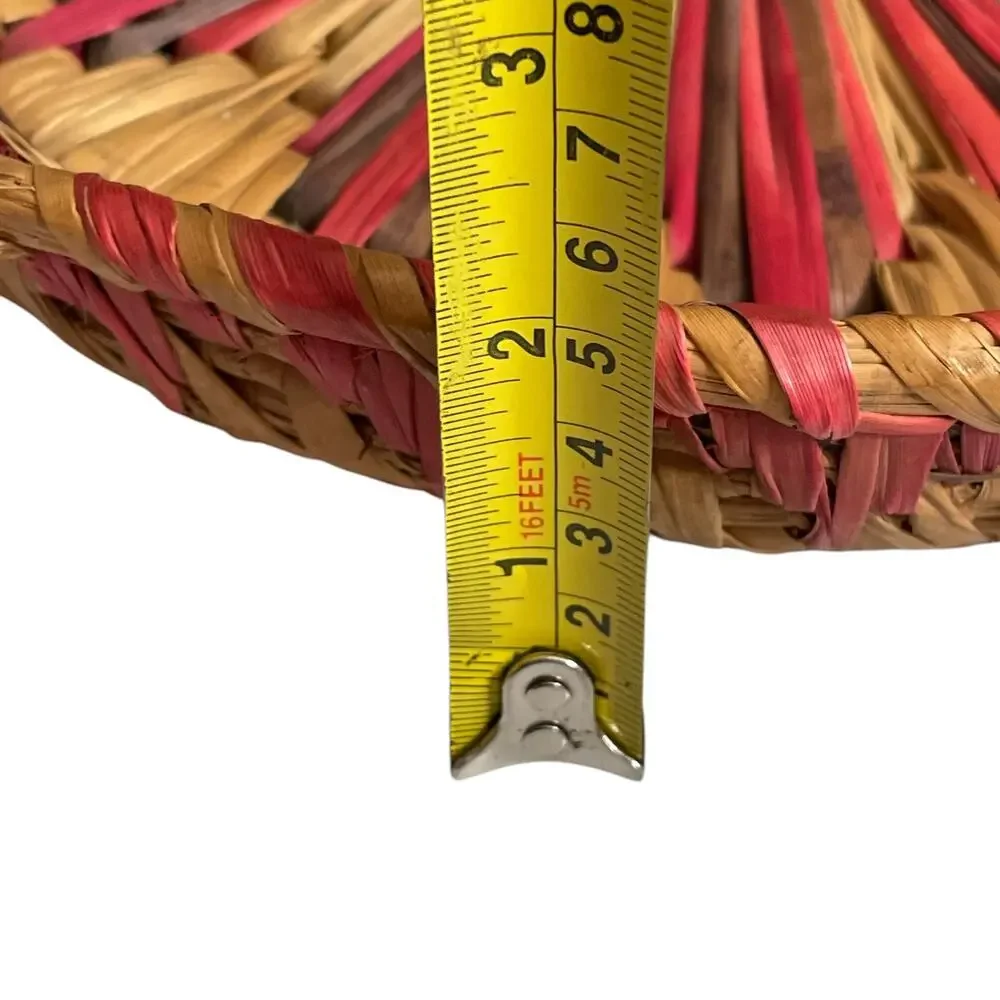 Vintage Woven Raffia Basket Boho Wall Hanging Straw Colorful Round FLAW READ